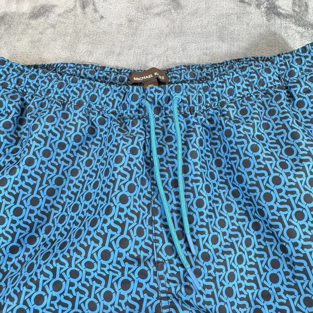 Michael Kors Sz XXL Mens Swim Shorts Allover AOP Logo Spelling BLUE Black